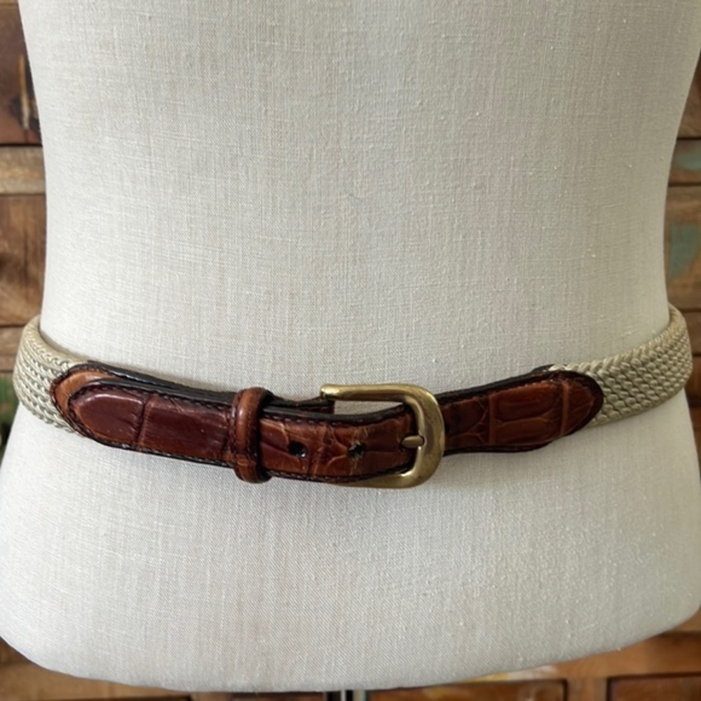 🌺Brighton Croco Tap Taper beige woven belt with croc embossed leather SZ 36